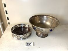A SILVER-PLATED BOWL SET WITH BLUE CABOCHON STONES; 16 CMS DIAM AND A PLATED COASTER.