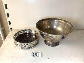 A SILVER-PLATED BOWL SET WITH BLUE CABOCHON STONES; 16 CMS DIAM AND A PLATED COASTER.