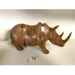 LARGE HAND CARVED WOODEN RHINO 32CM