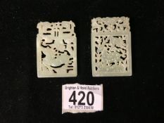 TWO GREEN JADEITE CARVED SQUARE TABLETS. 6X4 CMS.