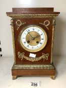 A FRENCH EMPIRE STYLE MAHOGANY BRASS MOUNTED MANTLE CLOCK BY J W BENSON OF LUDGATE HILL, (FRENCH-