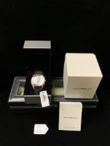 EMPORIO ARMANI - A ROSE GOLD PLATED STAINLESS STEEL QUARTZ CHRONOGRAPH BRACELET WATCH, REF. AR-590