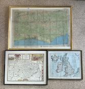 THREE VINTAGE MAPS LARGEST ONE IS OF SUSSEX 90 X 65CM ALL FRAMED AND GLAZED
