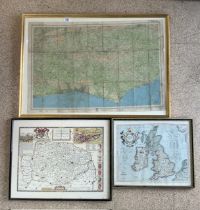 THREE VINTAGE MAPS LARGEST ONE IS OF SUSSEX 90 X 65CM ALL FRAMED AND GLAZED