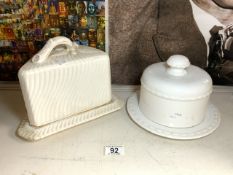 TRIANGULAR WHITE CERAMIC STILTON DISH AND A CIRCULAR WHITE CERAMIC CHEESE DISH.