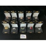 QUANTITY OF TEN COSTUME RINGS WITH BOXES