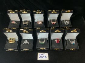 QUANTITY OF TEN COSTUME RINGS WITH BOXES