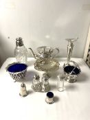 SILVER-PLATED CAKE BASKET, SALAD SERVERS, TRUMPET VASE AND OTHER PLATED WARES.