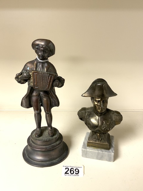 BRONZE FIGURE OF A YOUNG MAN WITH ACCORDION; 22CM AND A SPELTER BUST OF NAPOLEON; 15.5CM - Image 3 of 3