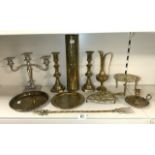 A 1ST WW BRASS TRENCH ART SHELL ENGRAVED ' ARRAS ' PAIR OF VICTORIAN BRASS CANDLESTICKS AND OTHER