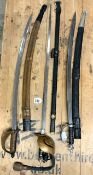 THREE CALVARY STYLE REPRODUCTION SWORDS INCLUDES TWO TULWAR STYLE SABRES LONGEST BLADE LENGTH 83.