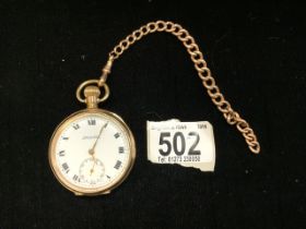 A 9CT GOLD PLATED OPEN-FACED POCKET WATCH BY BUREN THE DIAL WITH BLACK ROMAN NUMERALS WITH A 9CT