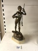 A GILDED SPELTER FIGURE OF A FISHING BOY ON MARBLE BASE, 32 CMS; SIGNED P.UCCELLO, NAPOLI.