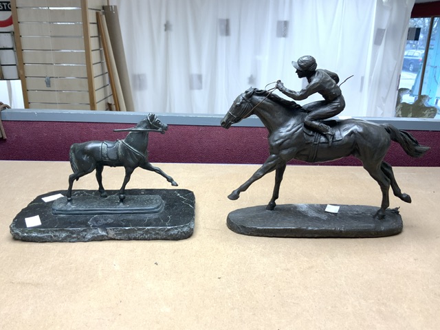 COMPOSITE FIGURE OF JOCKEY ON RACEHORSE AND SMALL SPELTER FIGURE OF HORSE. - Image 4 of 4