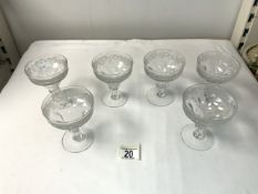 SET OF SIX ETCHED GLASS SUNDAE GLASSES.