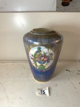 A MINTONS LUSTRE VASE DECORATED WITH EXOTIC BIRD WITH URN OF FRUIT AND FLOWERS, 18 CMS. A/F