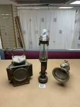 VINTAGE GWR COACH LAMP WITH A JOS LUCAS BIKE LAMP AND ONE OTHER