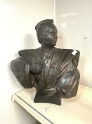 A HEAVY BRONZE EFFECT PLASTER BUST OF A JAPANESE SAMURAI WARRIOR, 40X34 CMS APPROX.