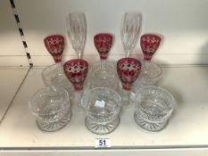 SIX CUT CRYSTAL GLASS SUNDAE SLASSES BY TUDOR, FIVE RUBY FLASH WINE GLASSES AND TWO CHAMPAGNE