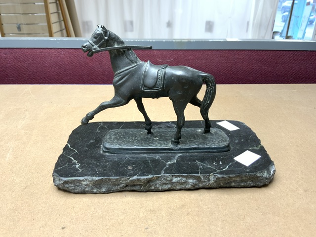 COMPOSITE FIGURE OF JOCKEY ON RACEHORSE AND SMALL SPELTER FIGURE OF HORSE. - Image 2 of 4