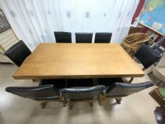 ART DECO LARGE OAK TABLE WITH EIGHT CROSS BANDED CHAIRS IN BLACK LEATHER 106 X 216CM