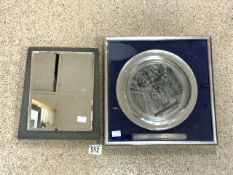 UNITY BEATEN PEWTER TABLE MIRROR 29 X 25 CM WITH A MASONIC PEWTER PLATE