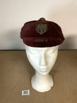 ORIGINAL SCHOOL SPORTS DAY CAP IN VELVET DATED 1936/7 BY REGO CLOTHIERS LTD SIZE 6 7/8'S