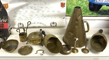 MIXED BRASS WARE INCLUDES MINIATURE CANDLESTICKS,VERITAS BURNER AND MORE