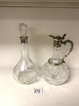 VICTORIAN ENGRAVED PLATED MOUNTED CUT GLASS CLARET JUG, 24CM WITH A HALLMARKED SILVER NECKED GLASS