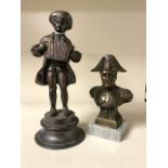 BRONZE FIGURE OF A YOUNG MAN WITH ACCORDION; 22CM AND A SPELTER BUST OF NAPOLEON; 15.5CM