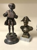 BRONZE FIGURE OF A YOUNG MAN WITH ACCORDION; 22CM AND A SPELTER BUST OF NAPOLEON; 15.5CM