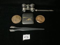 TWO BRONZE MEDALLIONS, PAIR SILVER MOUNTED EBONY GLOVE STRETCHERS, VINTAGE OPERA GLASSES AND