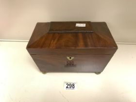 19TH-CENTURY SARCOPHAGUS-SHAPED MAHOGANY TEA CADDY ON BRASS BUN FEET 23