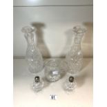 A PAIR OF CUT GLASS DECANTERS, CUT GLASS JUG AND A SALT AND PEPPER.