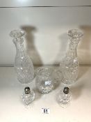 A PAIR OF CUT GLASS DECANTERS, CUT GLASS JUG AND A SALT AND PEPPER.