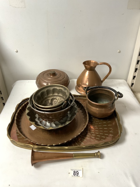 FIVE VICTORIAN COPPER JELLY MOULDS, A BRASS AND COPPER GALLERIED TRAY, COPPER HORN AND OTHER