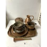 FIVE VICTORIAN COPPER JELLY MOULDS, A BRASS AND COPPER GALLERIED TRAY, COPPER HORN AND OTHER