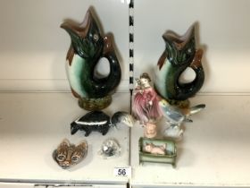 BESWICK FIGURE OF A SKUNK, TWO MAJOLICA FISH JUGS, WADE DISH ETC.