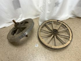 TWO SMALL WAGON WHEELS WITH METAL BINDING LARGEST 51CM DIAMETER
