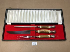CASED SET OF HORN HANDLE CARVING SET BY PINDER BROTHERS