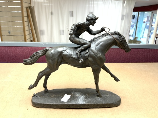 COMPOSITE FIGURE OF JOCKEY ON RACEHORSE AND SMALL SPELTER FIGURE OF HORSE. - Image 3 of 4