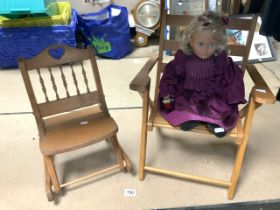 WOODEN DOLLS ROCKING CHAIR AND FOLDING CHAIR INCLUDING DOLL