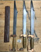 THREE REPRODUCTION SPARTAN STYLE SHORT SWORDS ONE A/F BLADE LENGTH 41.5CM