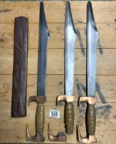 THREE REPRODUCTION SPARTAN STYLE SHORT SWORDS ONE A/F BLADE LENGTH 41.5CM