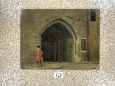 OIL ON BOARD OF A BEEFEATER INDISTINCTLY SIGNED 34.5 X 26.5CM