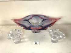 A VINTAGE MURANO RED AND PURPLE HEAVY GLASS SHAPED BOWL, 42 CMS AND TWO SCANDANAVIAN GLASS CANDLE
