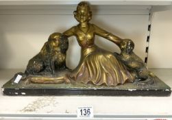 ART DECO PLASTER FIGURE OF LADY WITH SPANIELS; 50X28 CMS