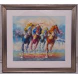 Berger framed acrylic on panel of horses and jockeys racing, signed bottom right, 54.5 x 63.5cm