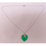 18ct white gold and jade heart shaped pendant on an 18ct white gold chain