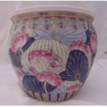 A mid 20th century Chinese style famille verte fish bowl decorated with carp and vegetation, 37 x
